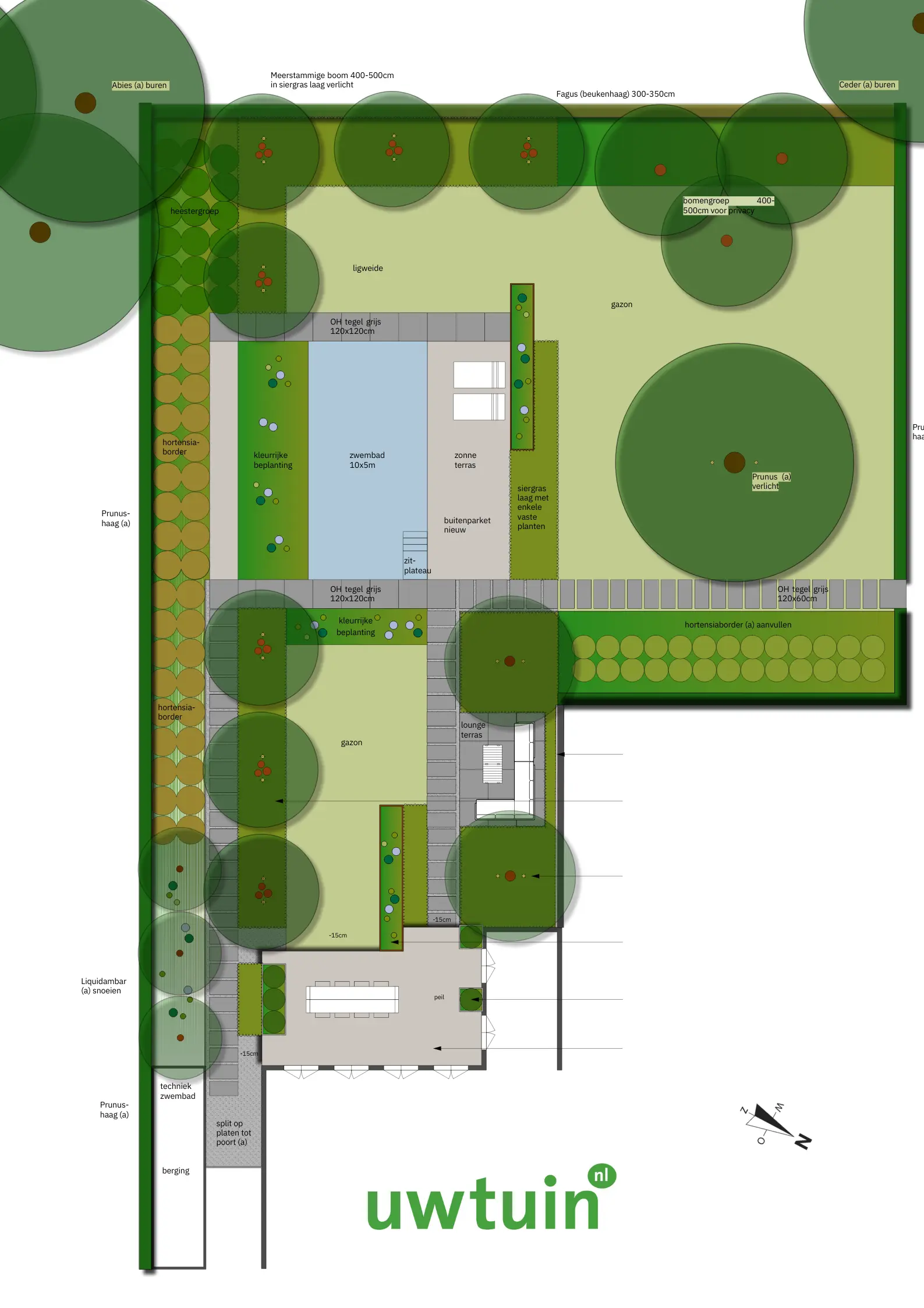 Tuinontwerp van een moderne achtertuin in Nijmegen. Dit ontwerp bevat een zwembad, terras, gazon en unieke bomen. Achtertuin van een moderne tuin in Nijmegen met een verlicht tuinhuis. Deze tuin is ontworpen door de tuinarchitecten van Uw Tuin Hoveniers en aangelegd door de hoveniers van Uw Tuin Hoveniers uit Malden.