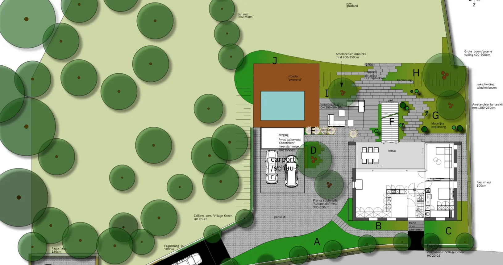 Tuinontwerp van een landschappelijke tuin in Wamel. Tuin met veel beplanting, een zwembad en unieke bestrating in een landschappelijke omgeving.