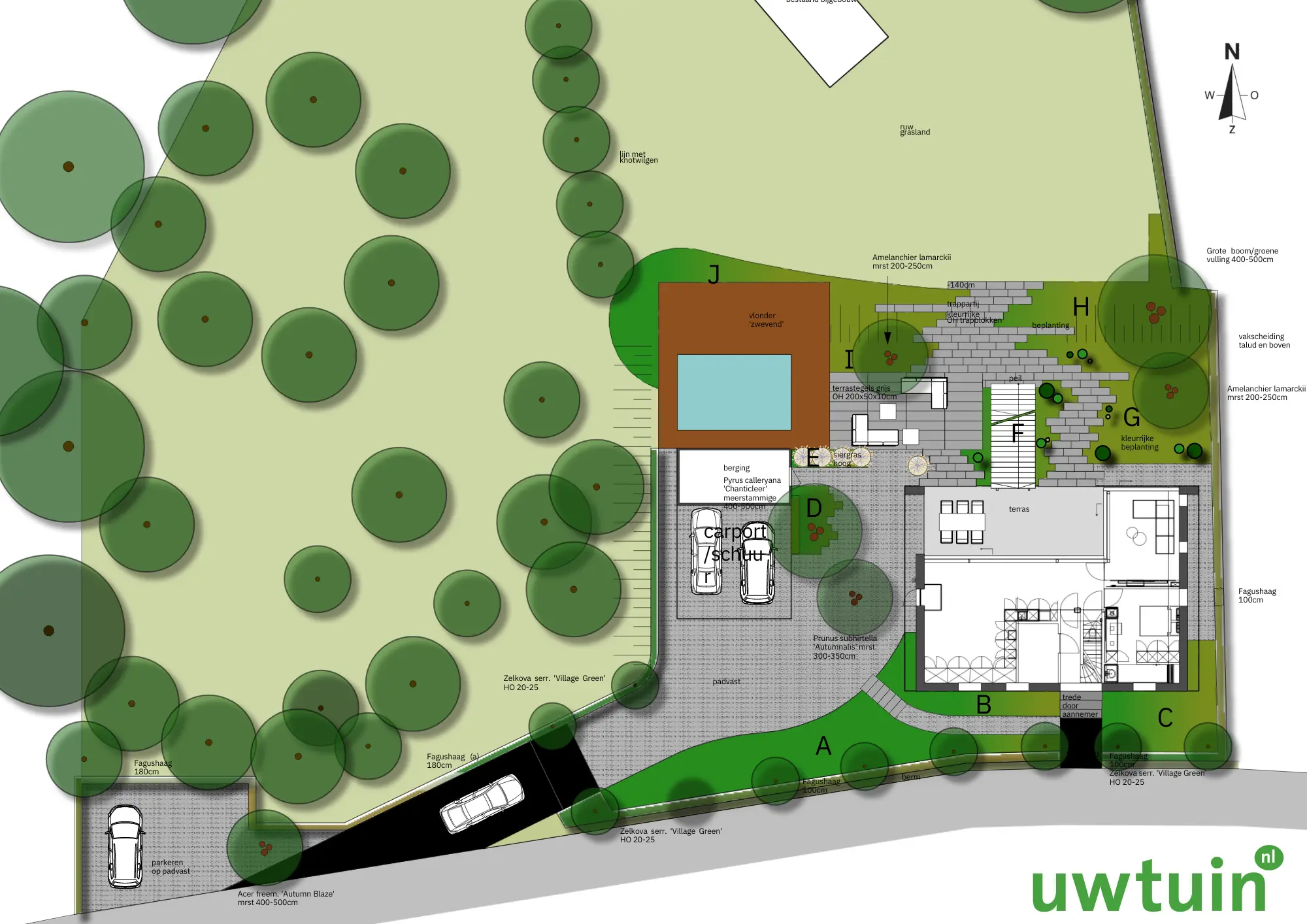 Tuinontwerp van een landschappelijke tuin in Wamel. Tuin met veel beplanting, een zwembad en unieke bestrating in een landschappelijke omgeving.