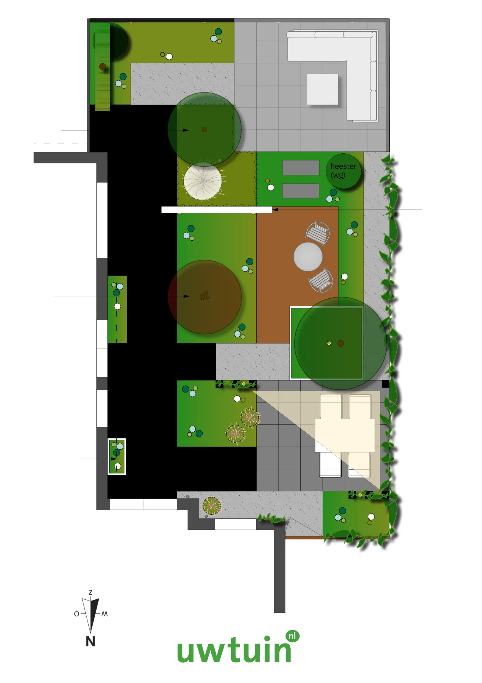 Tuinontwerp met een terrasoverkapping, gazon, loungeset, terras en groene borders. Dit tuinontwerp heeft strakke vormen en in ontworpen in een moderne tuinstijl. Tuinontwerp is gemaakt door de tuinarchitecten van Uw Tuin Hoveniers uit Malden.